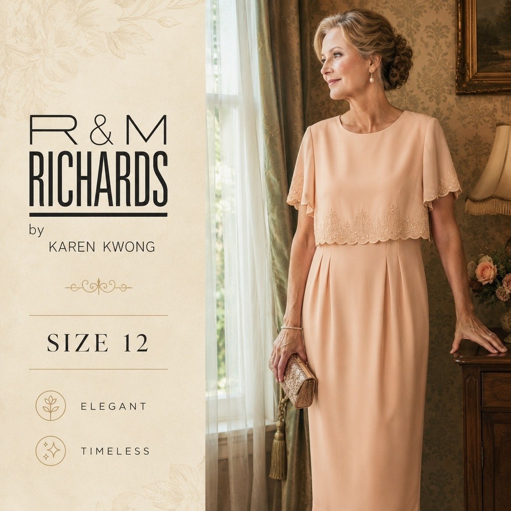 R&M Richards Sheath Maxi Dress Womens 12‎ Peach 90s Vintage Embroidered Bridal